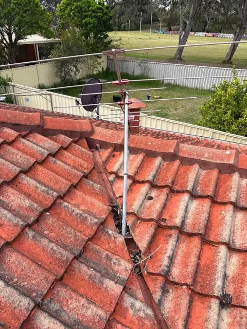 TV antenna mast mounted in a valley flashing with organic matter around the base